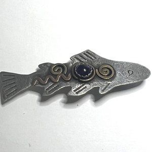 Artisan Sterling Silver Fish Brooch with Amethyst Stone